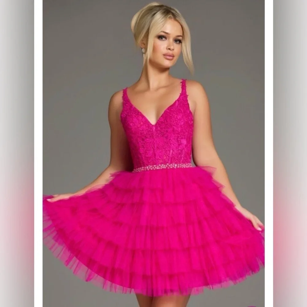 Jovani Fuchsia Lace Tiered Kids Dress